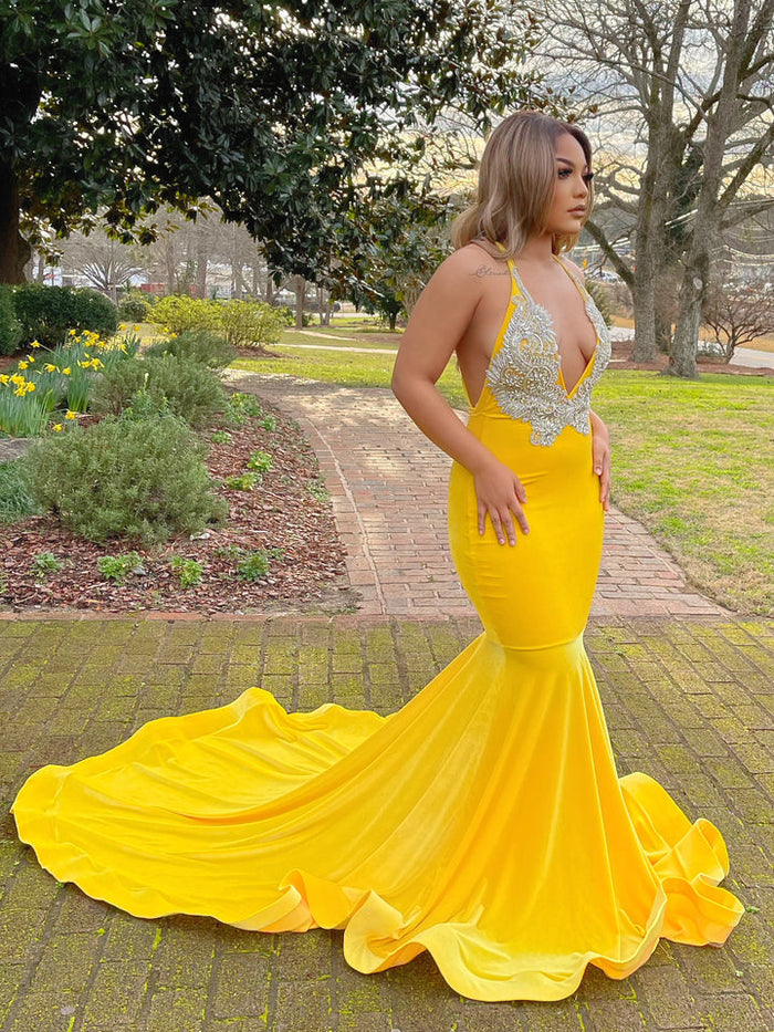 Yellow Appliques Lace V-Neck Spaghetti Straps Long Mermaid Prom Dress Ballbella Yellow Appliques Lace V-Neck Spaghetti Straps Long Mermaid Prom Dress Ballbella