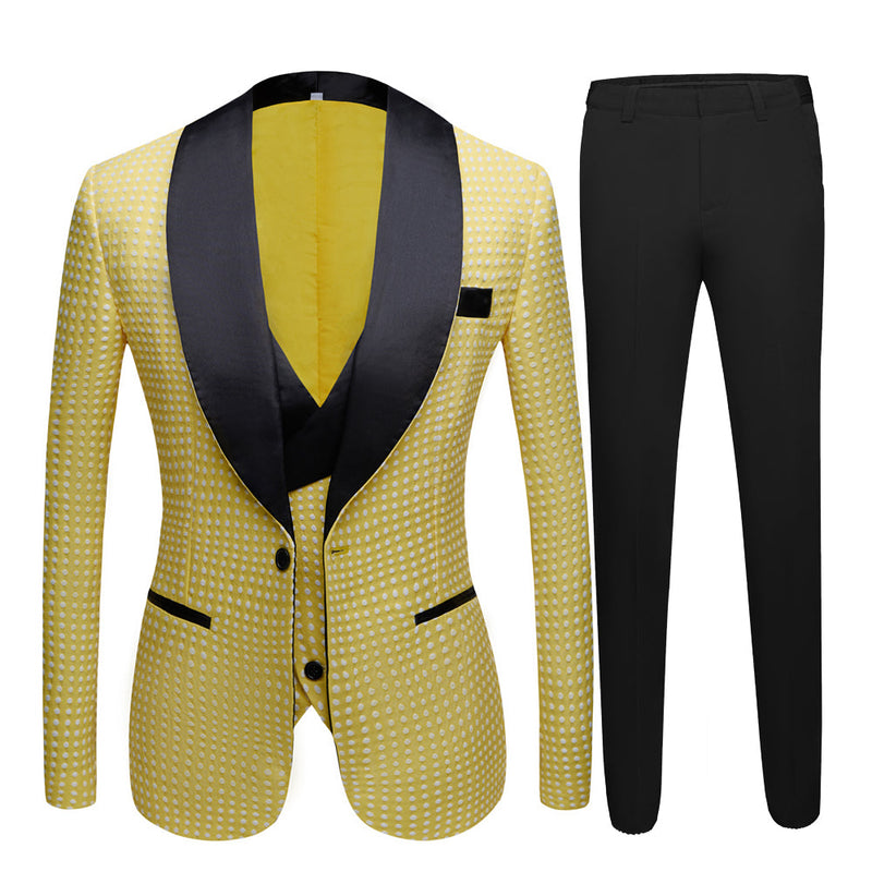 This Yellow Dot Shawl Lapel Wedding Groom Suits for Sale at Ballbella comes in all sizes for prom, wedding and business. Shop an amazing selection of Shawl Lapel Single Breasted Yellow mens suits in cheap price.