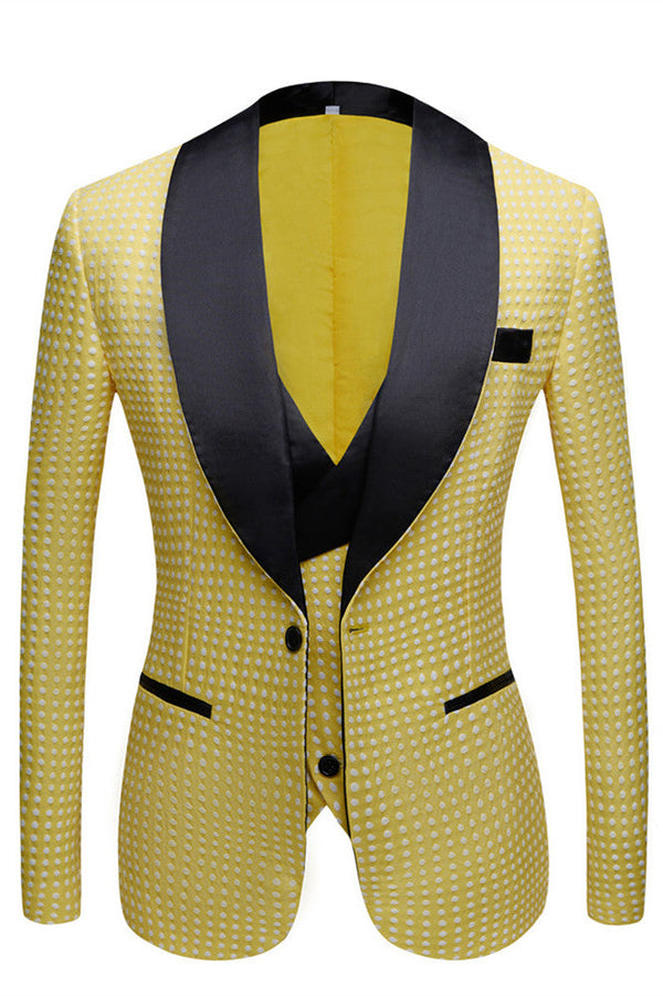 This Yellow Dot Shawl Lapel Wedding Groom Suits for Sale at Ballbella comes in all sizes for prom, wedding and business. Shop an amazing selection of Shawl Lapel Single Breasted Yellow mens suits in cheap price.