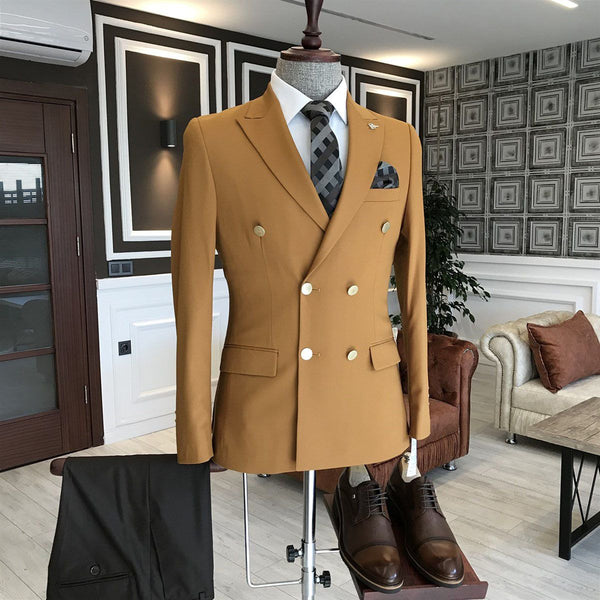 Yellow Double Breasted Formal Business Bespoke Men Suits For Business-Ballbella