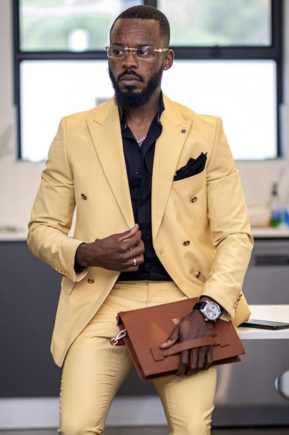 Yellow Double Breasted Peaked Lapel Men Suits-Ballbella