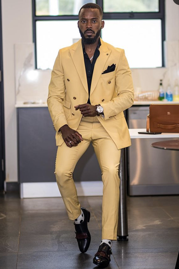 Yellow Double Breasted Peaked Lapel Men Suits-Ballbella