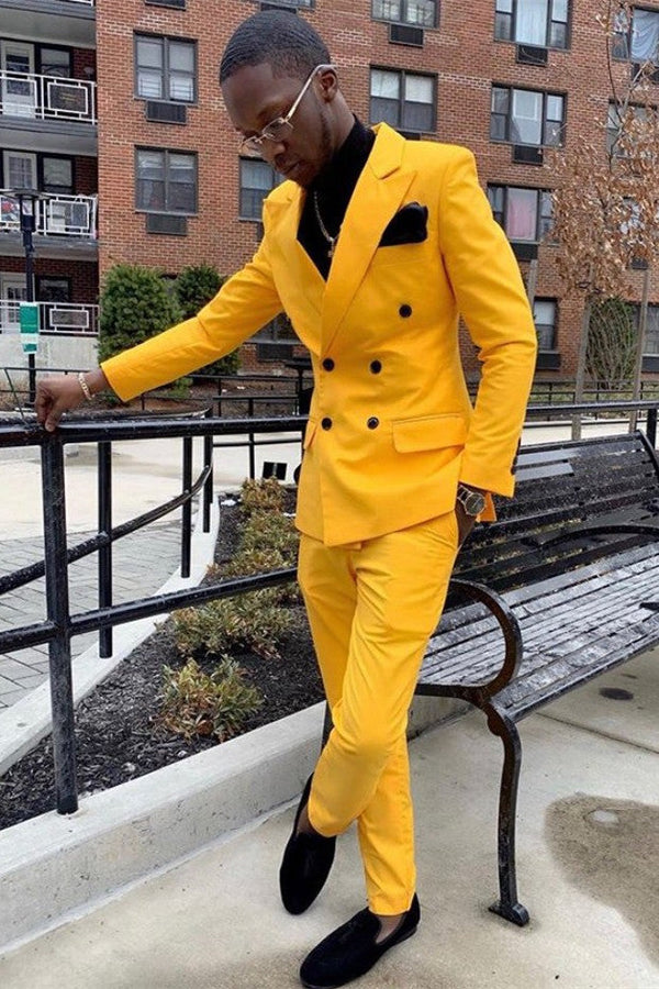 Yellow Double Breasted Peaked Lapel Slim Fit Men Suits-Ballbella
