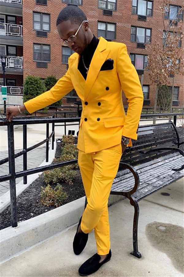 Yellow Double Breasted Slim Fit Peaked Lapel Mens Suits-Ballbella