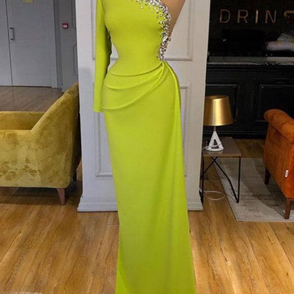 yellow one shoulder long sleeve dress Singer Yellow Satin One Shoulder Mini Dress - US 4