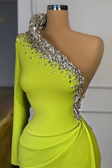 Yellow Green Long Sleeves One Shoulder Prom Dress Mermaid With Beads-Ballbella