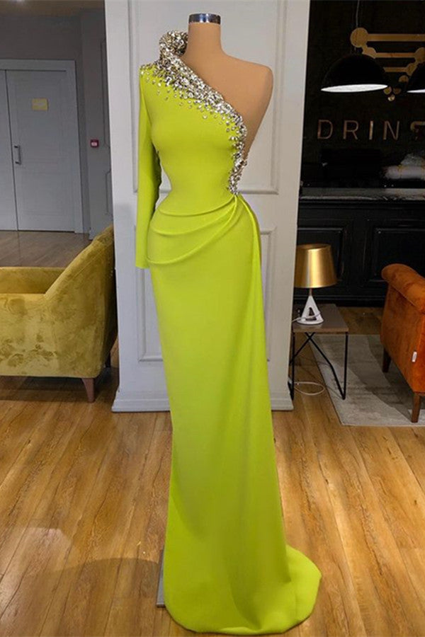 Yellow Green Long Sleeves One Shoulder Prom Dress Mermaid With Beads-Ballbella