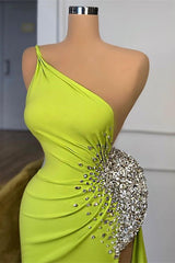 Yellow Green One Shoulder Mermaid Prom Dress Long Split With Beads-Ballbella