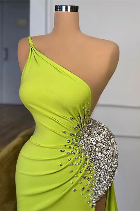 Yellow Green One Shoulder Mermaid Prom Dress Long Split With Beads-Ballbella