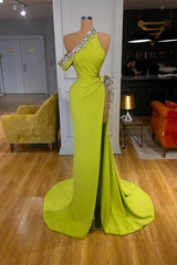 Yellow Green One Shoulder Mermaid Prom Dress Slit Long With Crystals-Ballbella