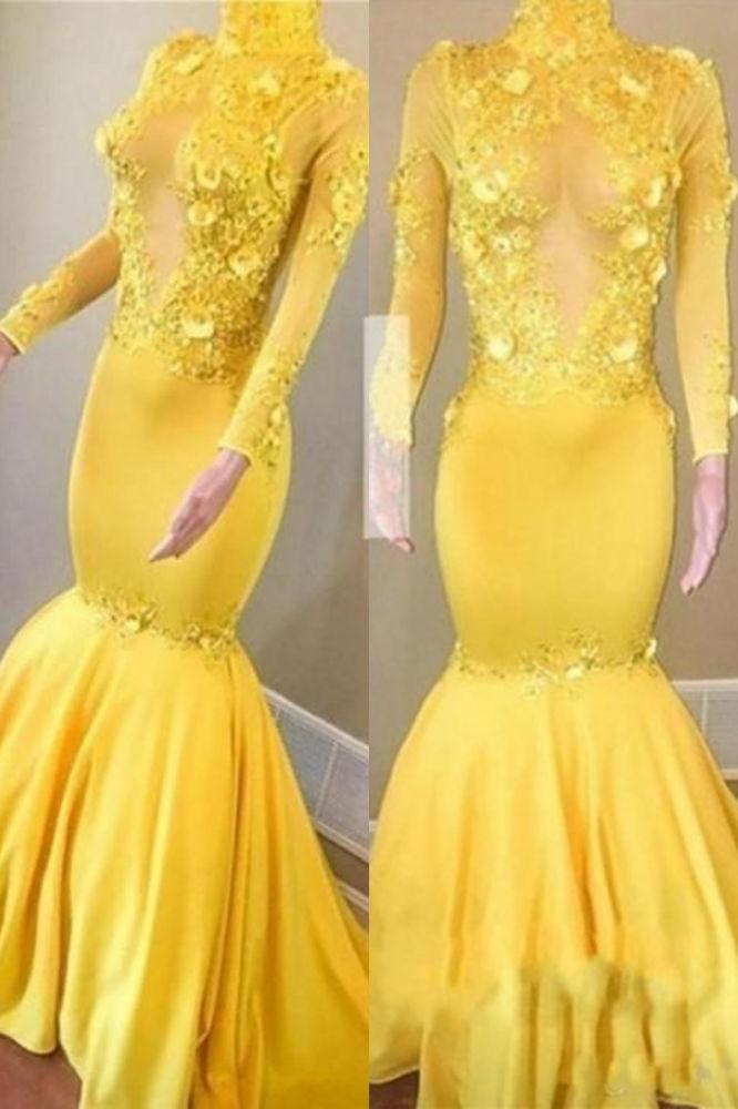 Yellow High Neck Flower Appliques Mermaid Long Sleevess Prom Dresses-Ballbella