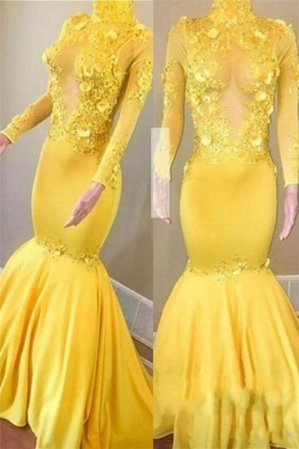 Yellow High Neck Flower Appliques Mermaid Long Sleevess Prom Dresses-Ballbella