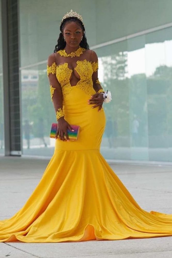 Ballbella offers Yellow Long Sleeves Mermaid Prom Gowns Sweep Train Appliques at a good price from Stretch Satin to Mermaid Floor-length hem. Gorgeous yet affordable Long Sleevess Prom Dresses, Evening Dresses.