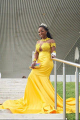 Ballbella offers Yellow Long Sleeves Mermaid Prom Gowns Sweep Train Appliques at a good price from Stretch Satin to Mermaid Floor-length hem. Gorgeous yet affordable Long Sleevess Prom Dresses, Evening Dresses.