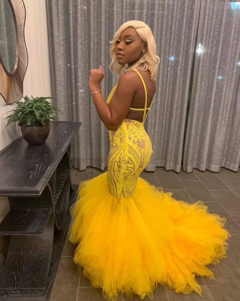 A Line Floor Length Lace Yellow Tulle Long Prom Dress, Yellow Lace For –  abcprom