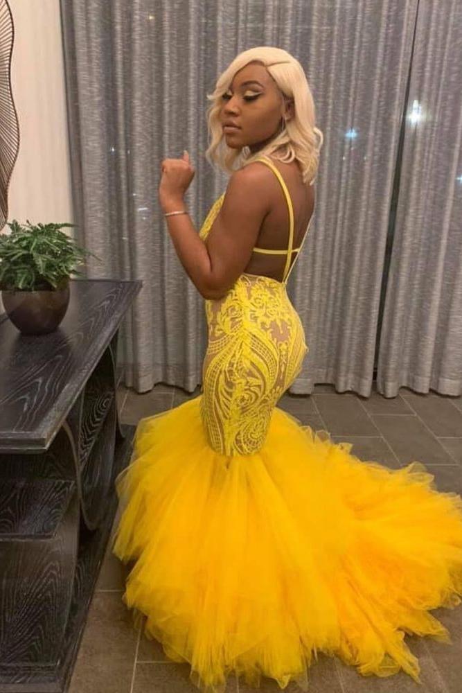 Yellow Mermaid Lace Puffy Tulle Open Back Long Prom Party Gowns Yellow Mermaid Lace Puffy Tulle Open Back Long Prom Party Gowns