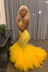 Shop Ballbella for a Yellow Mermaid Lace Puffy Tulle Open back Cheap Long Prom Party Gowns at prices under $200. Never miss it out for the great deal.