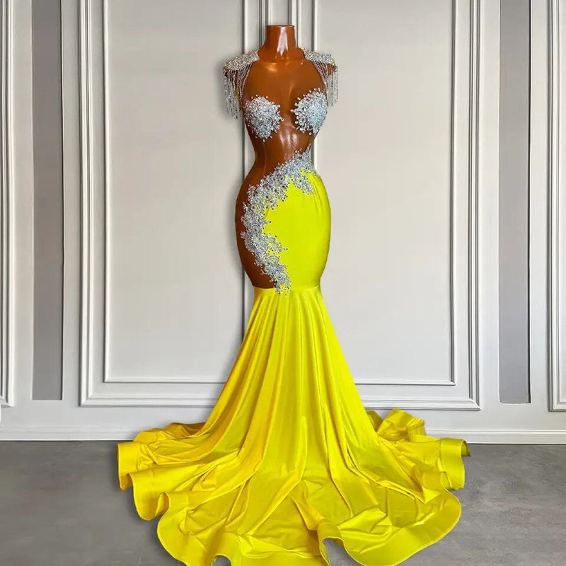 Yellow Scoop Prom Dress with Beadings and Tassels - Mermaid Long Yellow Scoop Prom Dress with Beadings and Tassels - Mermaid Long