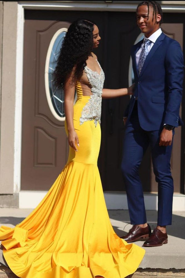 Looking for Prom Dresses, Evening Dresses in Stretch Satin,  Mermaid style,  and Gorgeous Appliques work? Ballbella has all covered on this elegant Yellow Sleeveless Mermaid Evening Prom Dresses Lace Appliques.