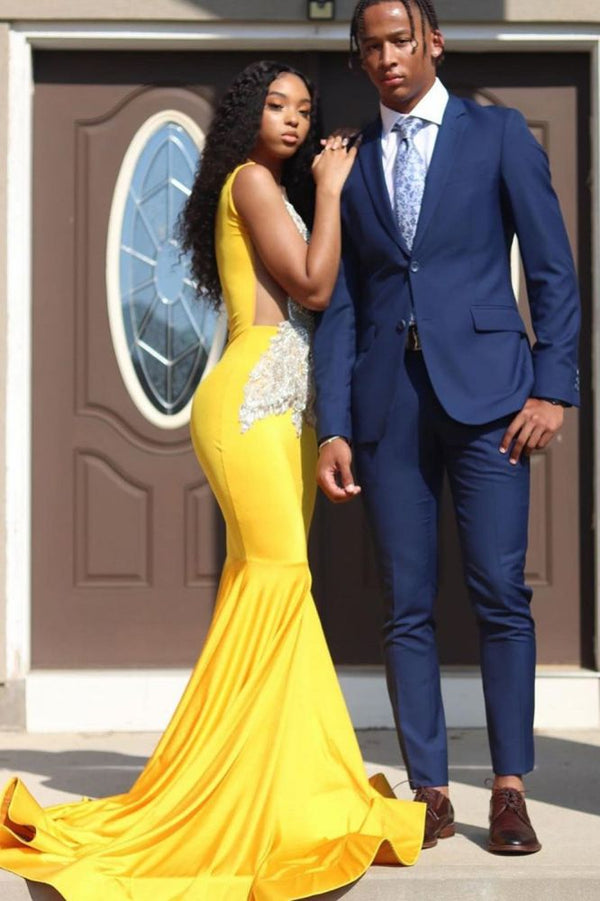 Looking for Prom Dresses, Evening Dresses in Stretch Satin,  Mermaid style,  and Gorgeous Appliques work? Ballbella has all covered on this elegant Yellow Sleeveless Mermaid Evening Prom Dresses Lace Appliques.