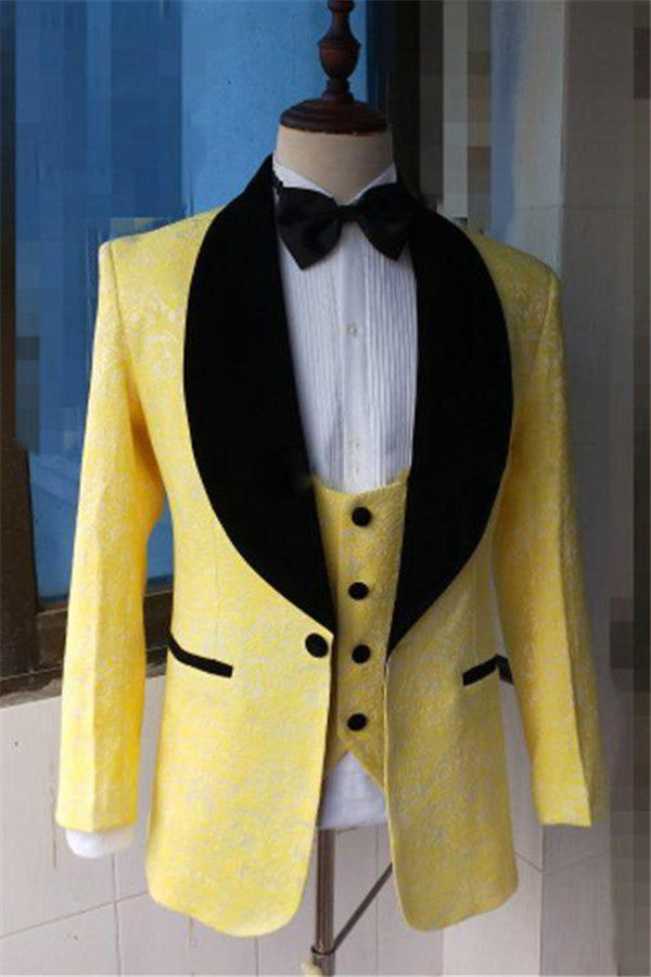 Yellow Slim Fit Lapel Shawl Prom Dress Suit Bespoke Jacquard Men Formal Party Blazer-Ballbella