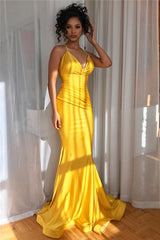 Wanna Prom Dresses, Evening Dresses in yellow,  Mermaid style,  and delicate ruffle work? Ballbella has all covered on this Yellow Spaghetti-Straps V-Neck Ruffle Mermaid Evening Gown yet cheap price.