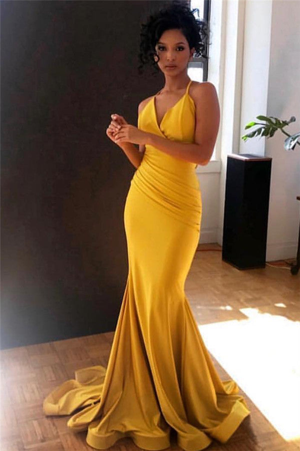 Wanna Prom Dresses, Evening Dresses in yellow,  Mermaid style,  and delicate ruffle work? Ballbella has all covered on this Yellow Spaghetti-Straps V-Neck Ruffle Mermaid Evening Gown yet cheap price.