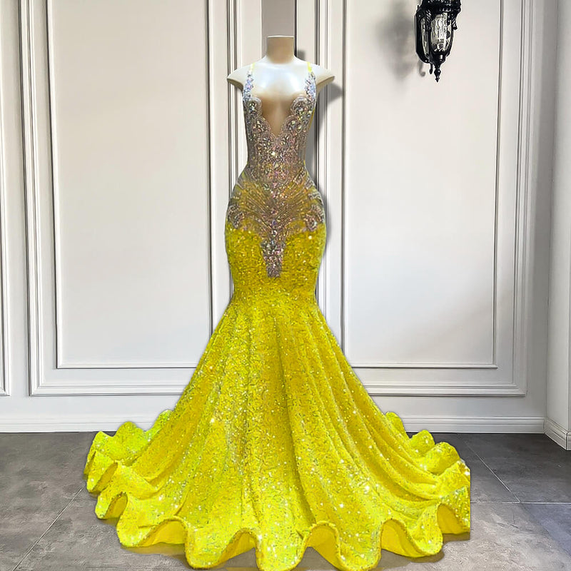 mermaid yellow prom dresses Bright Long Dress With Slit The sleeveless cut highlights your shoulders V Neck Yellow Lace Mermaid
