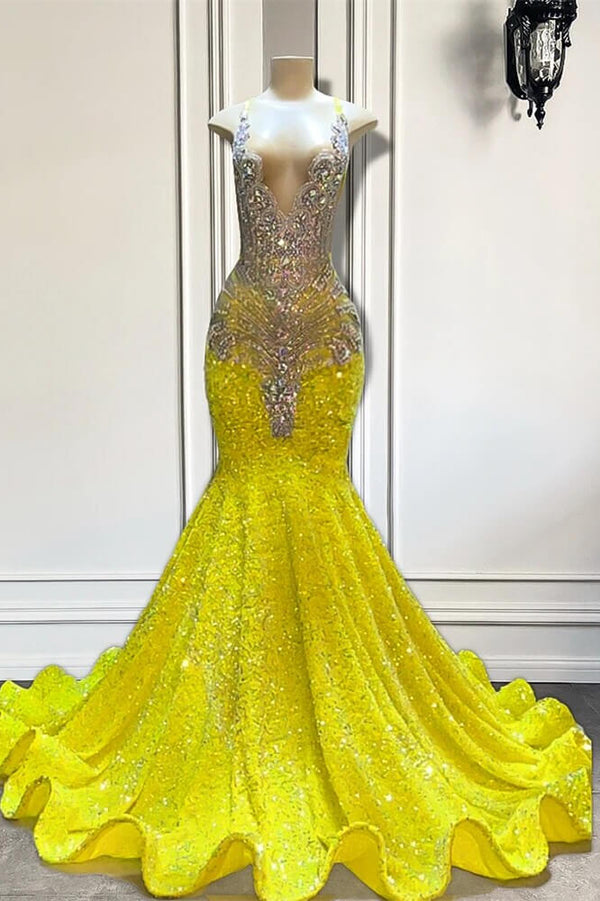 Yellow V-Neck Sleeveless Mermaid Prom Dresses Featuring Beadings and Sequins Yellow V-Neck Sleeveless Mermaid Prom Dresses Featuring Beadings and Sequins