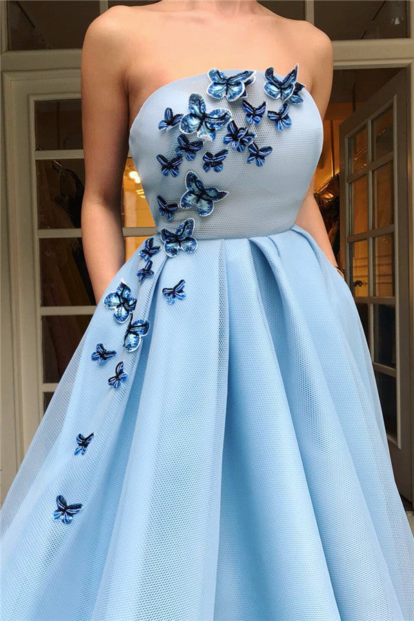 Take a look at unique Simple Strapless Sleeveless Blue Tulle Prom Party Gowns| Chic Ruffles Long Prom Party Gowns with Butterfly at Ballbella,  you will be surprised by the delicate design and service. Extra free coupons,  come and get today.