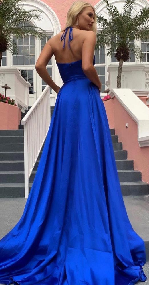 Wanna Prom Dresses, Evening Dresses in Stretch Satin, Elastic Silk-like Satin,  A-line style,  and delicate Split Front work? Ballbella has all covered on this elegant Spaghetti Strap Shiny Royal Blue Prom Party Gowns with High Split Chic V-neck Princess Evening dress On Sale yet cheap price.