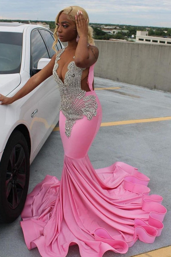 Elegant Pink Mermaid Court Train Prom Dresses wth Silver Beads