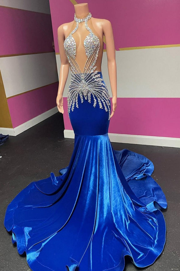 Royal Blue Halter Velvet Mermaid Silver Beaded Prom Dresses