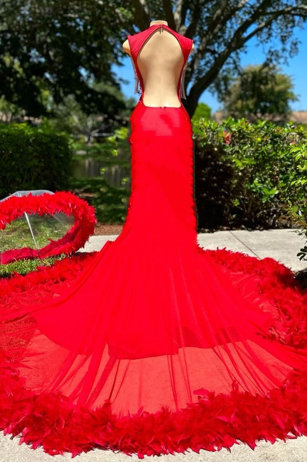 Deep V-neck Mermaid Ruby Feather Silver Beaded Prom Dresses