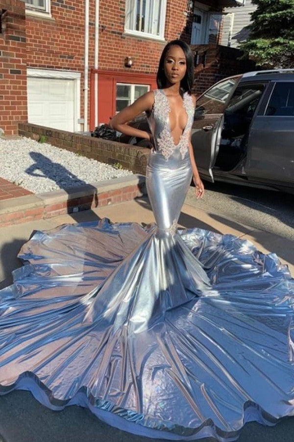Looking for Prom Dresses, Evening Dresses in Mermaid style,  and Gorgeous Appliques work? Ballbella has all covered on this elegant Deep V-neck Sleeveless Appliques Court Train Mermaid Prom Dresses.