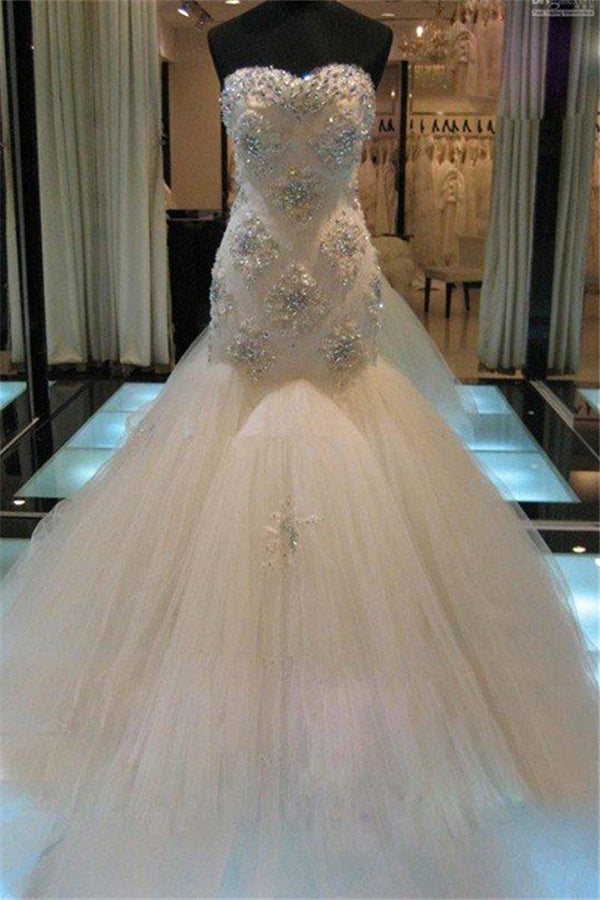 Court Train Mermaid Beading Sleeveless Tulle Sweetheart Wedding Dresses-Ballbella