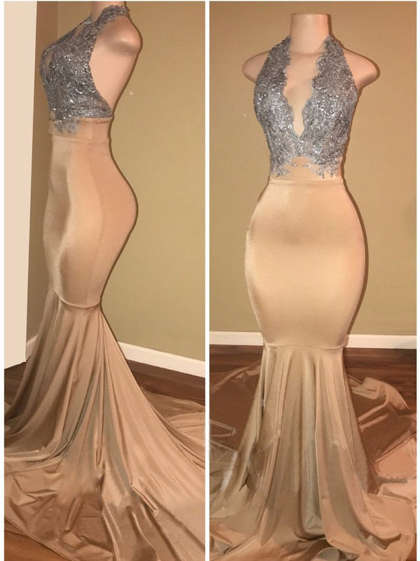 Luxurious champagne mermaid evening dresses,  halter deep v-neck lace applique long prom dresses,  party dresses sweep train.Ballbella custom made, Elegant design with top quality,  lowest price and free shipping,  affordable price, all colors and sizes.
