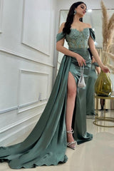 A-Line Floor-Length Stain Off-The-Shoulder Split Front Sweetheart Evening Dress with Lace