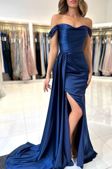 A-Line Stain Royal Blue Sweetheart Split Front Off-the-Shoulder Strapless Evening Dress with Ruffles