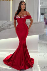 Mermaid Red Spaghetti Straps Sweetheart Off-The-Shoulder Floor-Length Stain Evening Dress with Ruffles