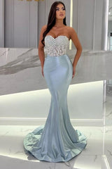 Mermaid Sky Blue Stain Sleeveless Sweetheart Floor-Length Prom Dress with Beadings