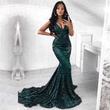Blackish Green V-neck Off-the-shoulder Mermaid Prom Dress Sequins Long-Ballbella