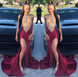 Ballbella offers Sleeveless Halter Front Slit Golden Appliques Burgundy Mermaid Prom Dresses at a cheap price from  to Mermaid Floor-length hem. Gorgeous yet affordable Sleeveless Prom Dresses, Evening Dresses.